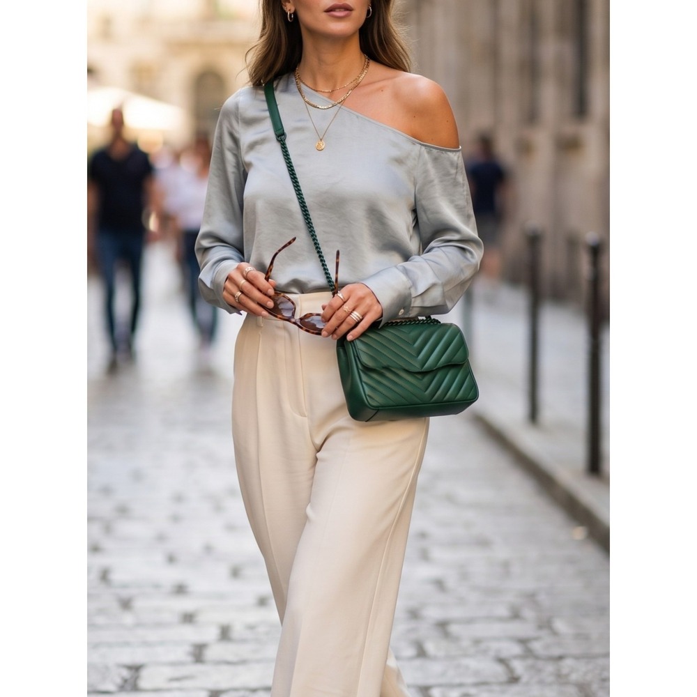 Theory Ulrika 2 One Shoulder Crushed Satin Blouse Oregano Green NWT P(XS) S